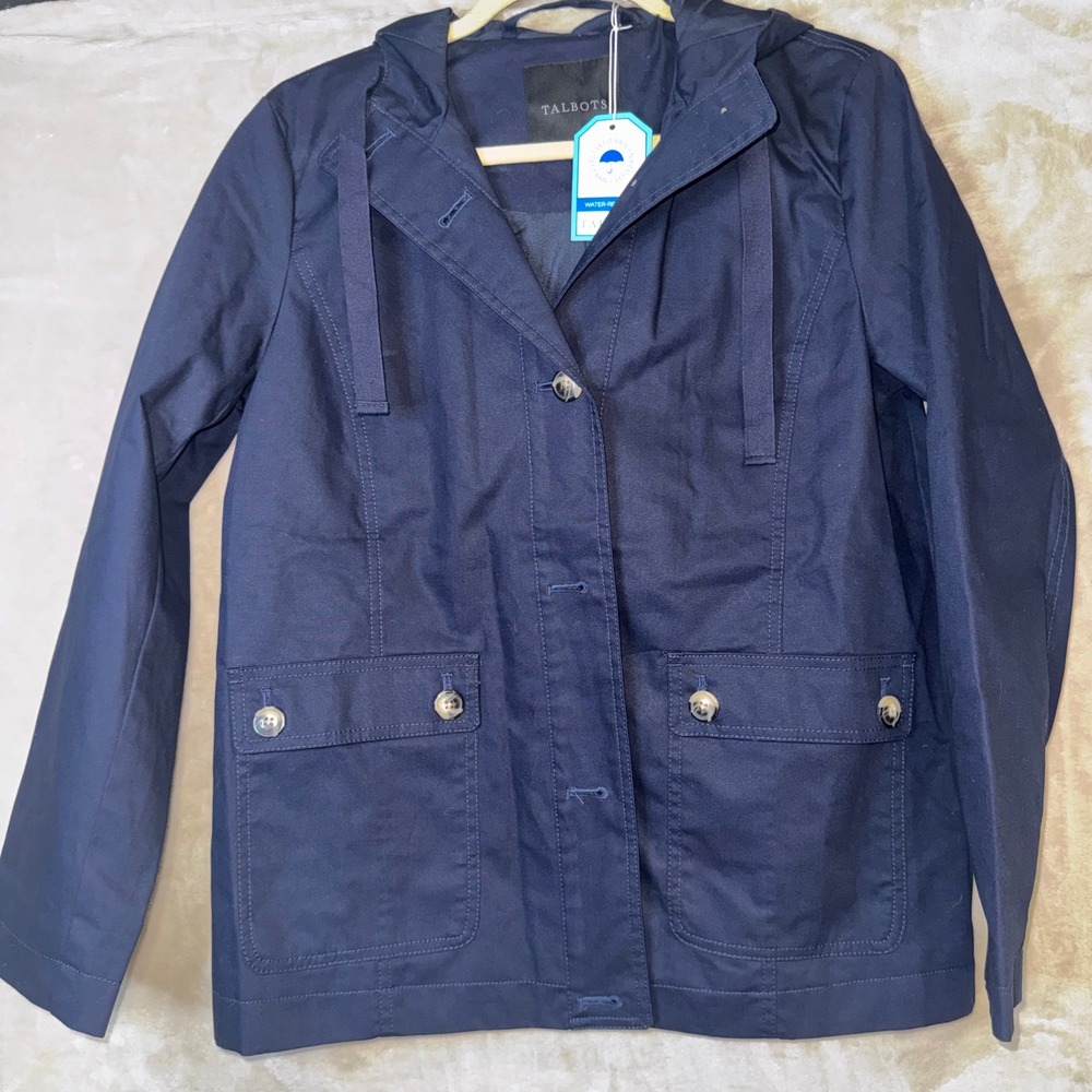 Talbots Navy Blue Water Resistant Hooded Rain Jacket Women Small NWT